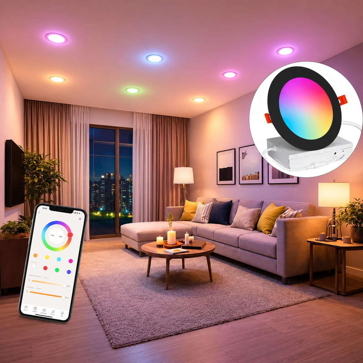 6 In. Canless Integrated LED Recessed Light Trim Black Smart RGBCW Color Changing 16W Dimmable Downlight, 6-Pack