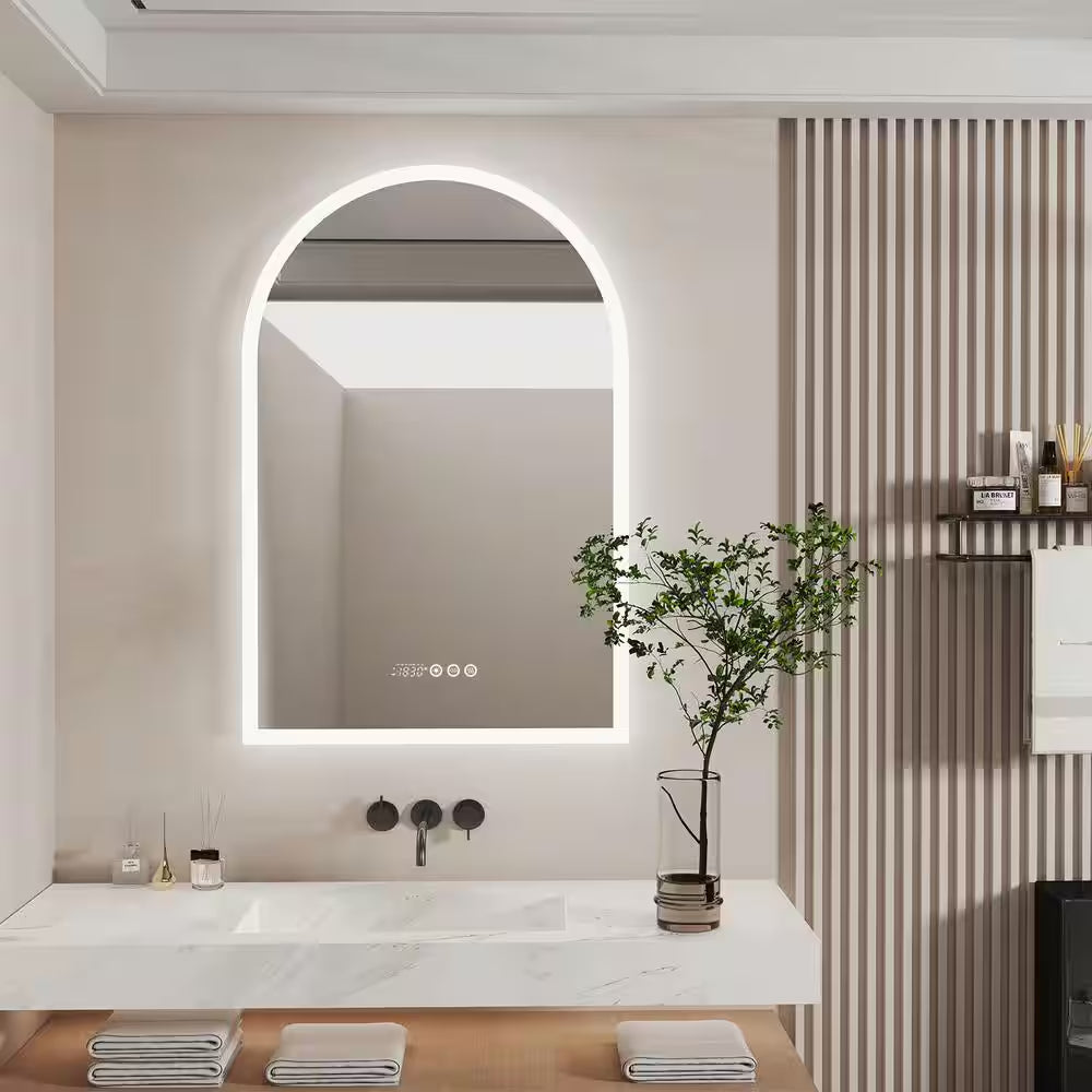 24 In. W X 36 In. H Large Arched Frameless 3-Dimmable Backlit Time Temperature Anti-Fog Wall LED Bathroom Vanity Mirror