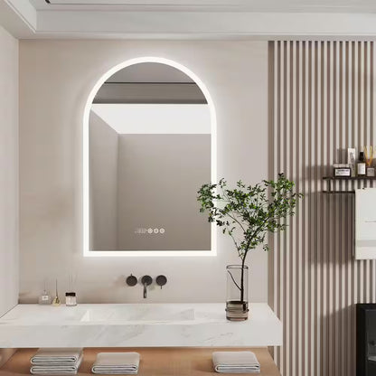24 In. W X 36 In. H Large Arched Frameless 3-Dimmable Backlit Time Temperature Anti-Fog Wall LED Bathroom Vanity Mirror