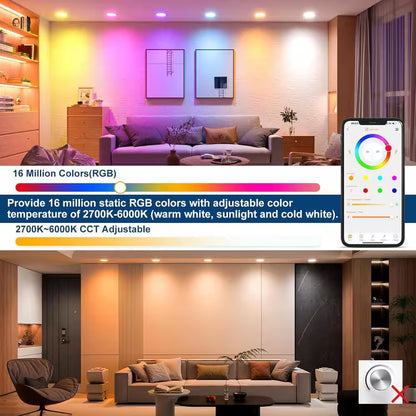 6 In. Canless Integrated LED Recessed Light Trim Black Smart RGBCW Color Changing 16W Dimmable Downlight, 6-Pack