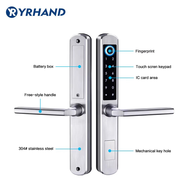 Stainless Steel Waterproof Biometric Fingerprint Door Lock Electronic Smart Door Lock RFID Card Lock for Aluminum Glass Door
