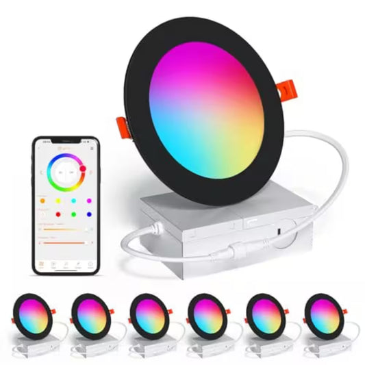 6 In. Canless Integrated LED Recessed Light Trim Black Smart RGBCW Color Changing 16W Dimmable Downlight, 6-Pack