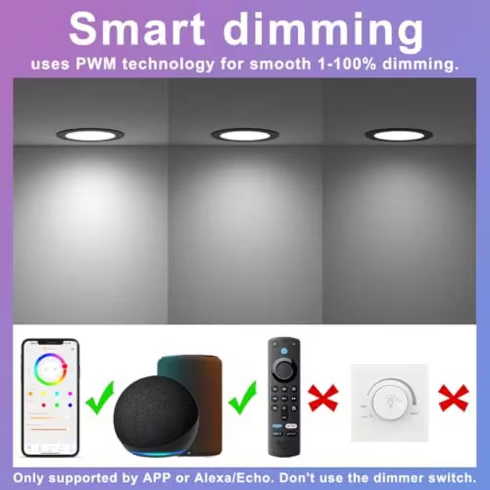 6 In. Canless Integrated LED Recessed Light Trim Black Smart RGBCW Color Changing 16W Dimmable Downlight, 6-Pack